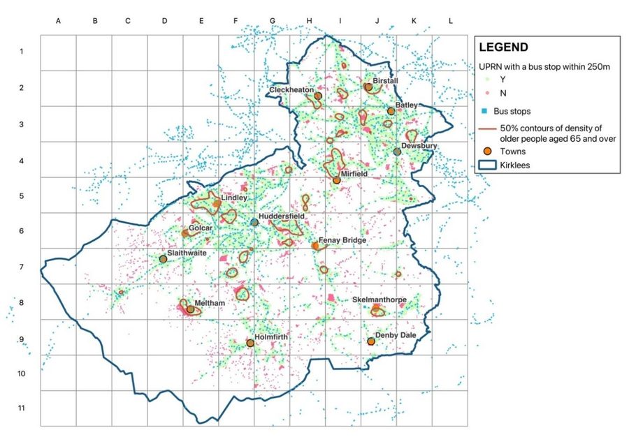 Map of Kirklees with 3,400 bus stops as small blue squares tracing the road network and continuing into neighbouring authorities. Addresses within 250 metres of a stop are pale green, those beyond are pink. Coverage is dense along the valleys and through the urban north. Bus stop deserts show as dark pink clusters in built-up areas, including cells J3 and J4 near Batley and E8 near Meltham, and as isolated points in rural areas. Red contours mark concentrations of people aged 65 and over.