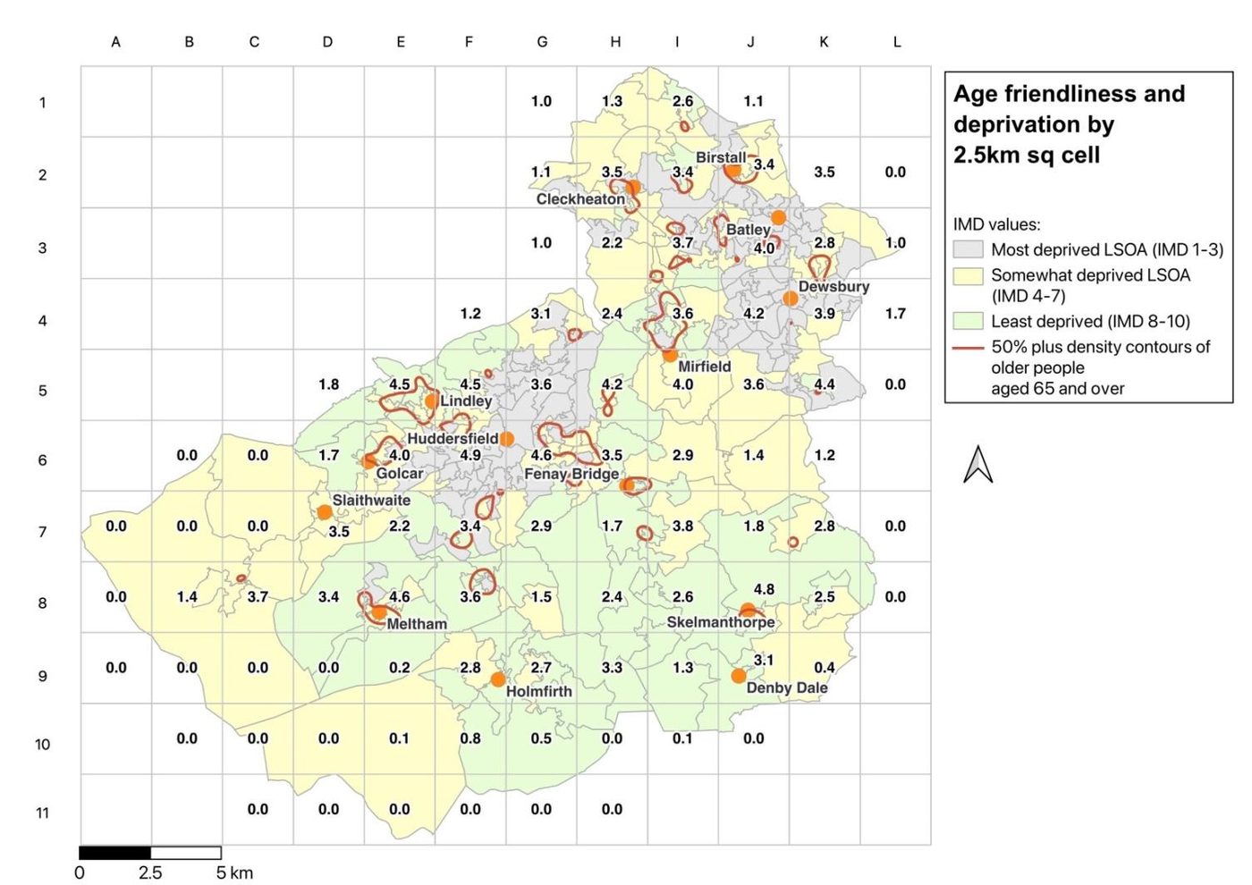 Map of Kirklees shading each Lower Layer Super Output Area by deprivation: grey for the most deprived, yellow for somewhat deprived, green for the least deprived. Grey areas cluster in the urban north and centre around Dewsbury, Batley and Huddersfield. Each 2.5 kilometre grid cell carries an age friendliness score from nought to five, the number of the five Tier 1 services reachable in a fifteen minute walk. Scores peak at 4.9 in central Huddersfield and 4.5 at Lindley in cell E5, and fall to nought across the rural west and south. Red contours mark concentrations of people aged 65 and over.