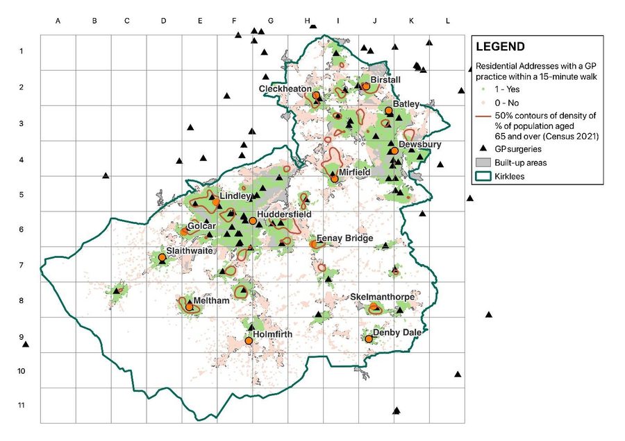 Map of Kirklees with GP practices as black triangles, including branch practices and those outside the boundary. Residential addresses within a fifteen minute walk of a practice are green, the rest pink. Green covers the built-up belt through Huddersfield, Dewsbury and Batley. Pink dominates the rural south and west and shows a gap in the north-east across cells H4 to K4. Overall 68 per cent of addresses are within range. Red contours mark concentrations of people aged 65 and over.