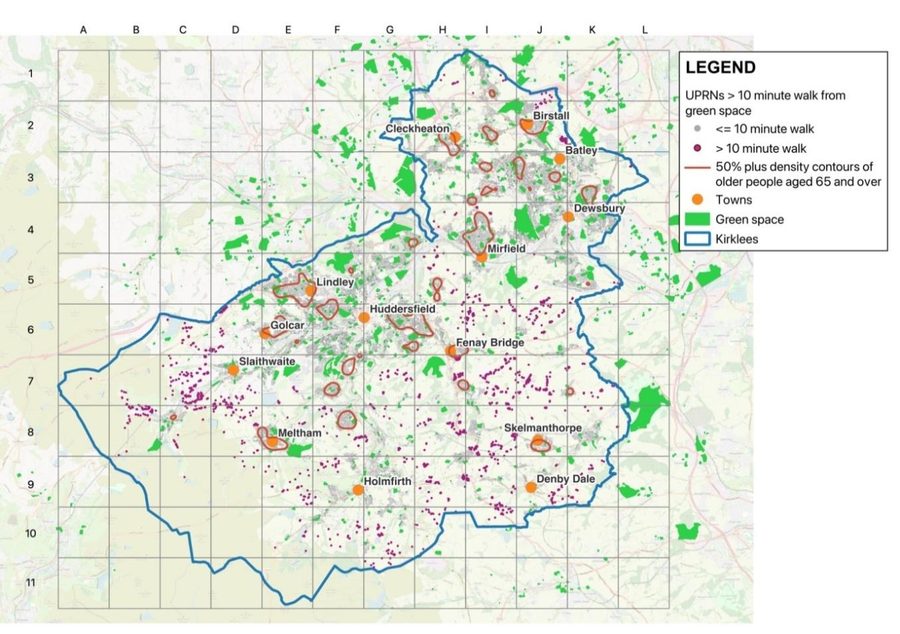 Map of Kirklees over an ordnance base, with green space filled bright green and scattered as many small parcels rather than a few large parks. Residential addresses more than a ten minute walk from green space are purple, the rest grey. Purple points are sparse and fall mainly in the rural west around Slaithwaite and Meltham and in pockets east of Huddersfield. 98 per cent of addresses are within ten minutes. Red contours mark concentrations of people aged 65 and over.